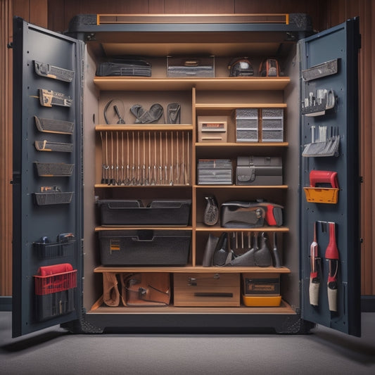 A tidy, well-lit tool cabinet with a modular organizer system, featuring labeled compartments, hooks, and dividers, showcasing a variety of tools and accessories neatly stored and easily accessible.