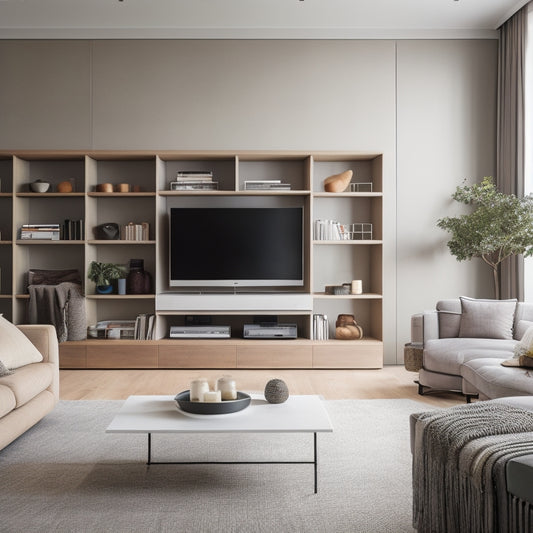 A serene living room with a sleek, low-profile storage console behind a plush sectional sofa, adjacent to a floor-to-ceiling bookshelf with woven baskets and a minimalist TV stand with hidden compartments.