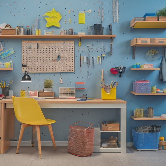 A colorful, well-organized workspace with a large pegboard on the wall, adorned with hooks, bins, and baskets, holding various tools, supplies, and accessories, surrounded by a wooden desk and a comfortable office chair.