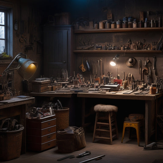 A cluttered, dimly lit tiny workshop with scattered tools and parts, contrasted with a tidy, well-lit corner featuring a compact, multi-tiered tool organizer with labeled compartments and hooks.