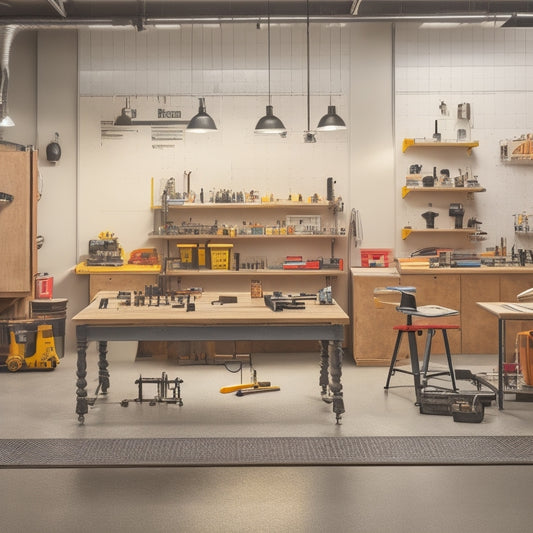 A well-organized workshop with a central workbench, surrounded by labeled tool stations, ergonomic stools, and a pegboard with neatly arranged hand tools, all set against a clean, gray concrete floor.