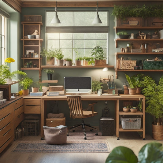 A clutter-free workspace with a large, sturdy, L-shaped desk featuring built-in shelving, drawers, and a pegboard, surrounded by organized tools, machinery, and a few well-placed plants.