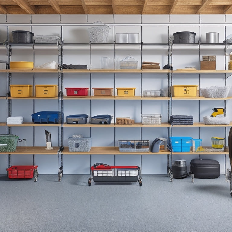 A well-organized garage with three distinct shelving units: a sleek, silver, 5-tiered system with labeled bins, a wooden, 3-shelf unit with baskets, and a wall-mounted, foldable rack with hanging tools.