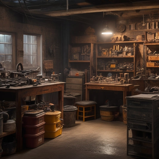 A dimly lit, cramped workshop with workbenches cluttered by scattered tools, wires, and half-finished projects, surrounded by towering shelves overflowing with storage bins and rusty machinery.