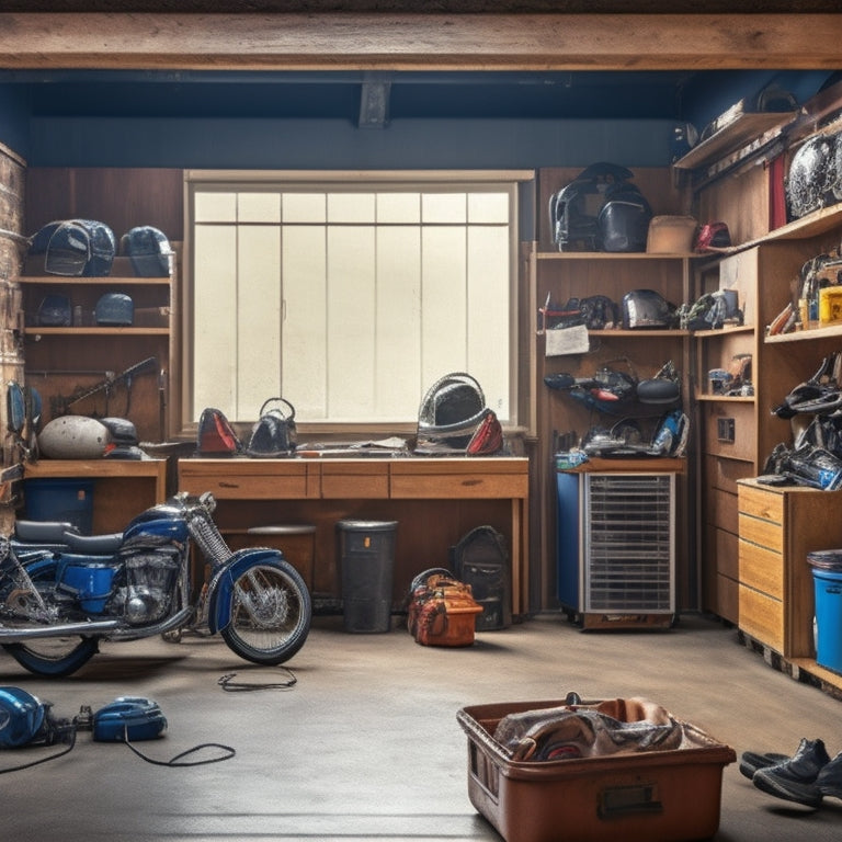 A tidy garage with a motorcycle parked on a hydraulic lift, surrounded by organized toolboxes, shelves, and hooks holding helmets, gloves, and jackets, with a subtle wooden floor and neutral-colored walls.