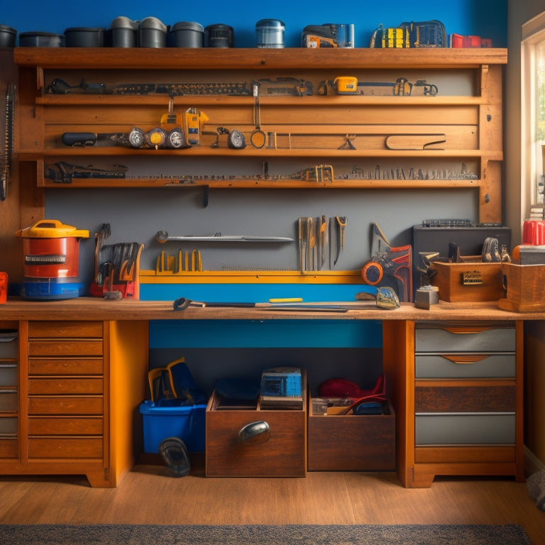 A well-organized workbench with a sliding pegboard on the back wall, a tool chest with labeled drawers, and a built-in shelf for storing power tools and accessories.