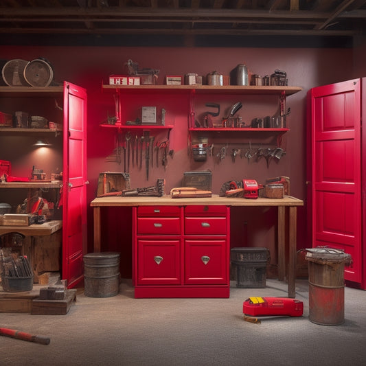 A sleek, well-organized workshop with seven tool chests of varying sizes, each with a bright red "Sale" tag, surrounded by scattered tools and a subtle hint of a workbench in the background.