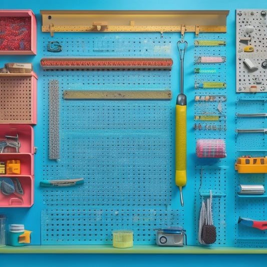 A colorful and organized pegboard with various hooks of different shapes and sizes, holding an assortment of tools and accessories, set against a bright and clean background.