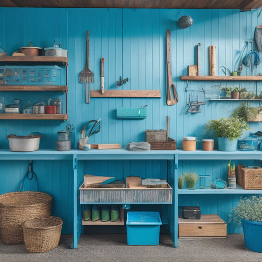 A well-organized shed interior with a pegboard wall, hooks, and bins, featuring a turquoise metal cabinet, a wooden workbench with a vise, and a few strategically placed tools and gardening equipment.