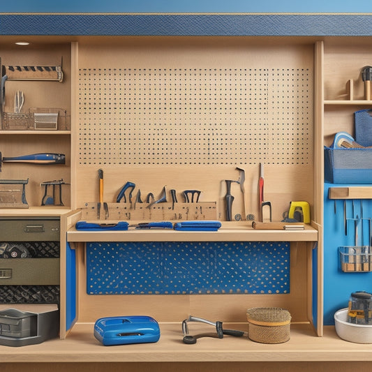 A well-organized tool bench with a mix of open and closed storage compartments, featuring a pegboard with neatly hung tools, a tray organizer for small parts, and a slide-out drawer with a built-in measuring tape holder.