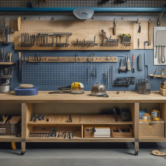 A tidy workshop with a custom-built wooden pegboard displaying an array of neatly hung tools, surrounded by labeled bins and a sleek, stainless steel workbench with a few strategically placed divots.