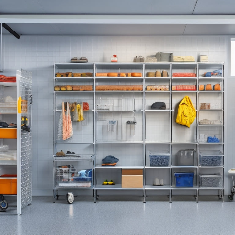 A modern garage with sleek, silver shelving units featuring sliding baskets, overhead storage racks, and a pegboard with hanging tools, set against a light gray concrete floor and white walls.