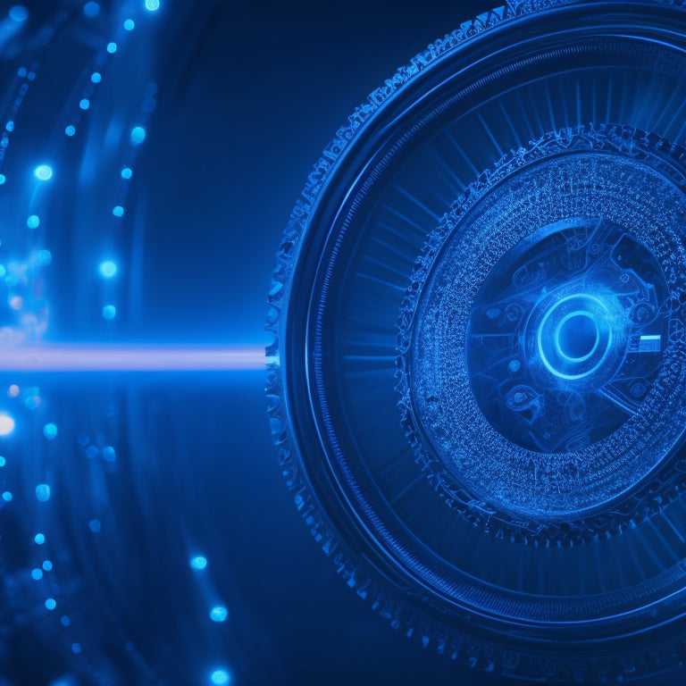 A futuristic, swirling vortex of interconnected gears, wires, and glowing screens, set against a dark blue background, with subtle hints of coding languages and digital patterns.