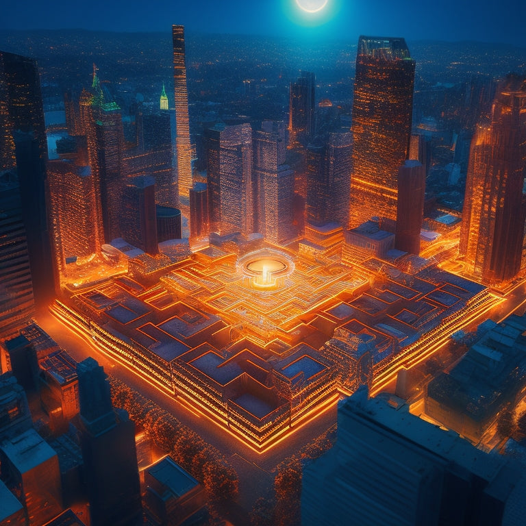 A stylized illustration of a maze with a glowing light at the center, surrounded by puzzle pieces, gears, and a subtle cityscape background, conveying strategic planning and entrepreneurial navigation.