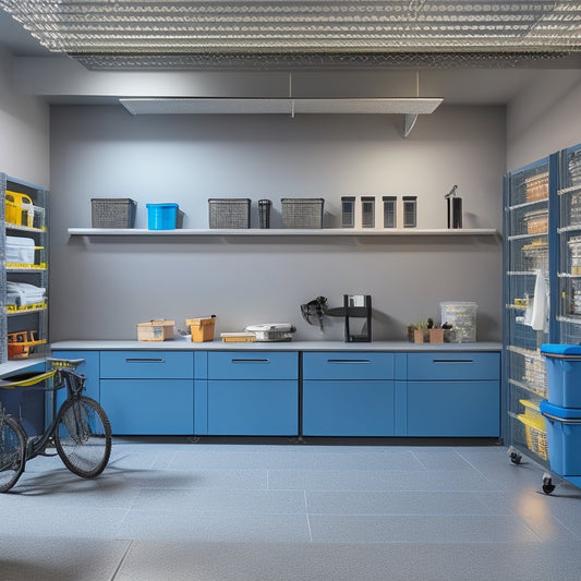 A clutter-free garage with a sleek, grey epoxy floor, featuring a modular storage system with wall-mounted bins, hooks, and a slatwall, alongside a tidy workbench and a few strategically placed LED lights.