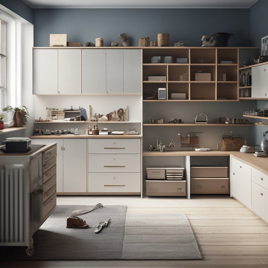 A modern, minimalist room with Rousseau's modular drawer cabinets in the center, partially assembled, with various components and tools scattered around, and a few drawers open to reveal organized interior spaces.