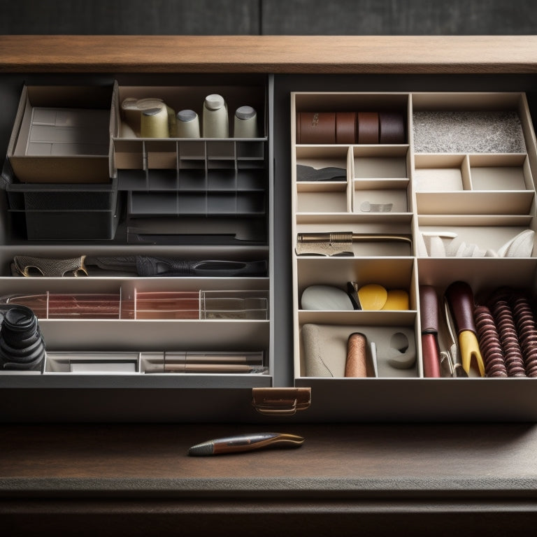 A neatly organized storage box with 5-7 compartments of varying sizes, each containing a different type of item (e.g., tools, craft supplies, office materials), with dividers and labels.