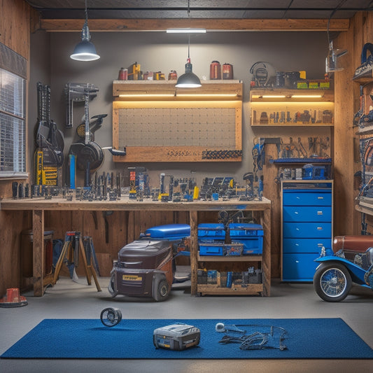 A clutter-free, well-lit garage workspace with a pegboard adorned with JEGS High Performance tools, including a socket set, air compressor, and floor jack, surrounded by a sports car and motorcycle.