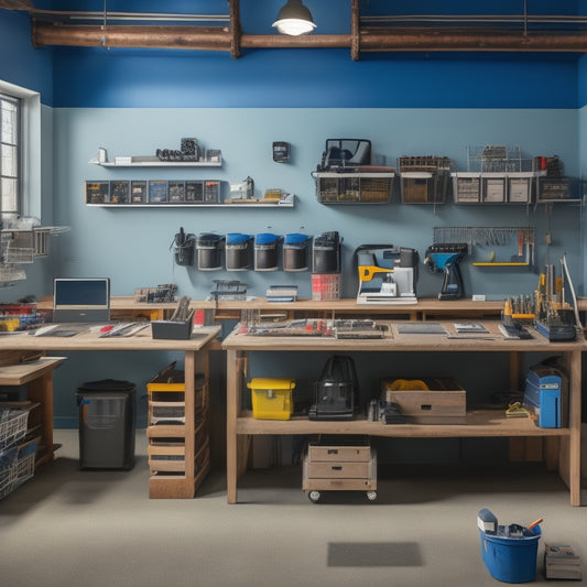 A well-organized workshop with a U-shaped workstation, tools categorized on pegboards, and a centralized workstation with labeled bins, surrounded by a clean and clutter-free floor.