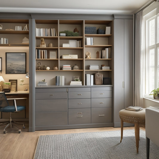 A clutter-free room with a Murphy bed, floor-to-ceiling shelves, and a desk with built-in storage, surrounded by minimal decor and plenty of natural light, conveying a sense of calm and efficiency.