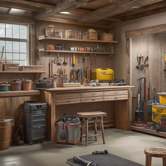 A clutter-free garage with a portable tool chest workbench in the center, surrounded by neatly organized tools and a few projects in progress, with a subtle hint of natural light.
