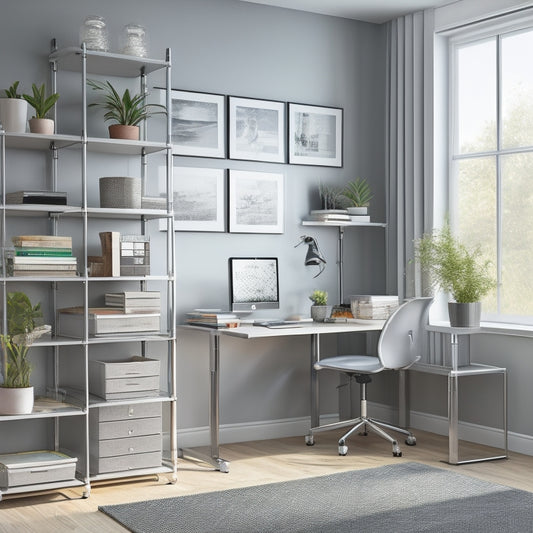 A tidy, modern workspace with a sleek, silver 5-tier rolling shelving unit, holding various storage bins, a potted plant, and a few books, set against a light-gray background.