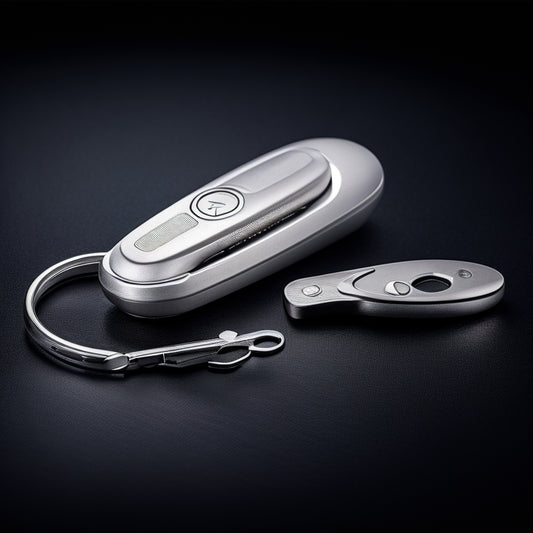 A compact key organizer with a sleek, metallic body and a circular ring at the top, featuring a built-in LED flashlight, bottle opener, and scissors, on a clean, white background.