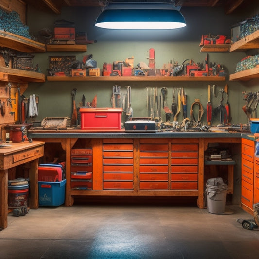 A clutter-free workshop with a mix of open and closed tool boxes in various sizes, with wrenches, pliers, and screwdrivers neatly organized inside and on top.