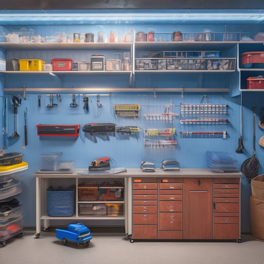 A clutter-free garage with a pegboard covered in neatly arranged tools, a rolling cabinet with labeled drawers, and a slotted wall system with hooks and bins, illuminated by soft, warm lighting.
