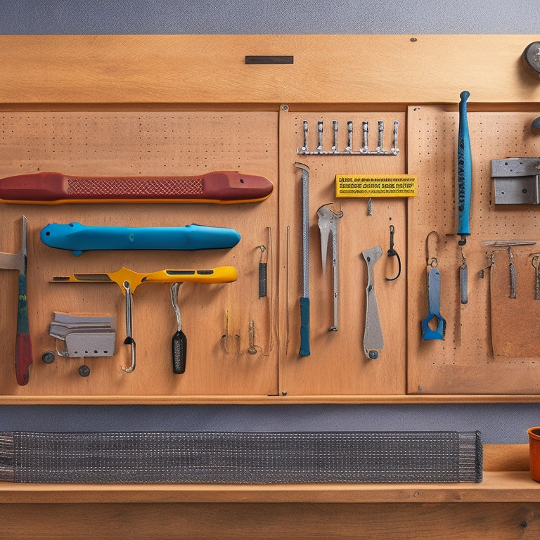 A clutter-free workshop with sleek, silver Tool Hangerz suspended from a pegboard, holding an organized array of wrenches, pliers, and screwdrivers, amidst a subtle background of wood grain and metal accents.