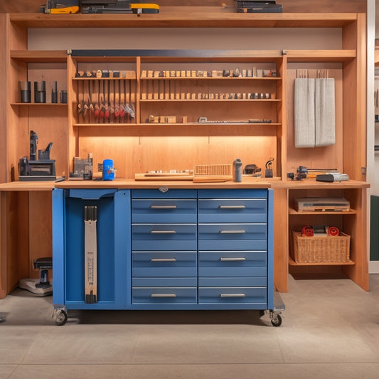 A well-organized workshop with a central, sleek rolling tool cabinet featuring multiple drawers, a stainless steel top, and a built-in vice, surrounded by neatly arranged tools and a few woodworking projects in progress.