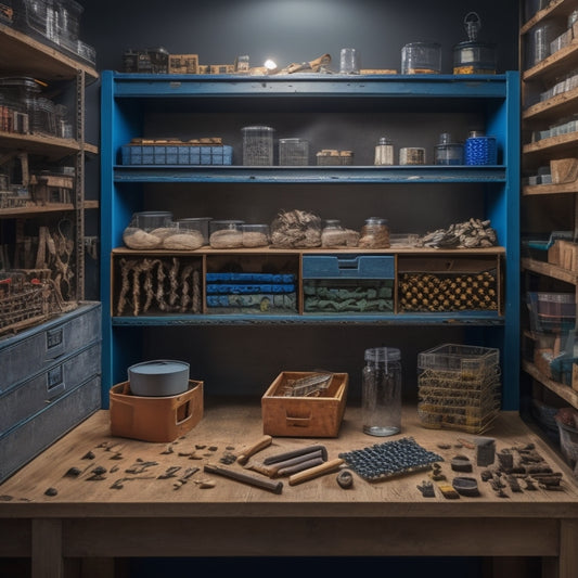 A neatly organized workshop bench with assorted small parts storage containers in various shapes, sizes, and materials, such as transparent plastic bins, metal drawers, and wooden crates, filled with screws, nuts, and bolts.