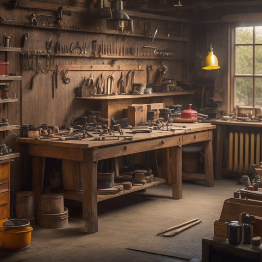 A workshop scene with a wooden workbench, surrounded by various tool chests in different sizes and materials, with tools spilling out, and a faint outline of a person in the background.