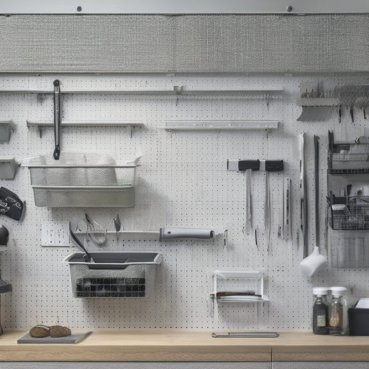 A pegboard with various tools and accessories organized and hung from hooks, bins, and baskets, set against a clean, light-gray garage or workshop background with a subtle grid pattern.