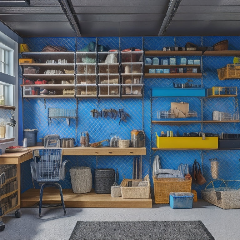 A well-organized garage interior with a slatwall featuring various hooks, bins, and baskets, a floor-to-ceiling shelving unit, and a compact workstation with a built-in pegboard.