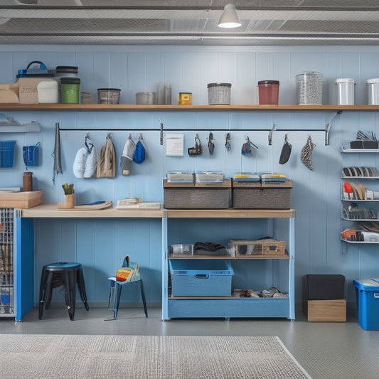 A clutter-free garage with a slatwall featuring various storage bins, hooks, and baskets, alongside a compact workstation with a foldable table and a pegboard with hanging tools.