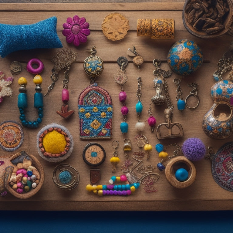 A colorful, overhead shot of a wooden table covered with an assortment of unique keychains, featuring various shapes, materials, and embellishments, such as charms, beads, and tiny figurines.