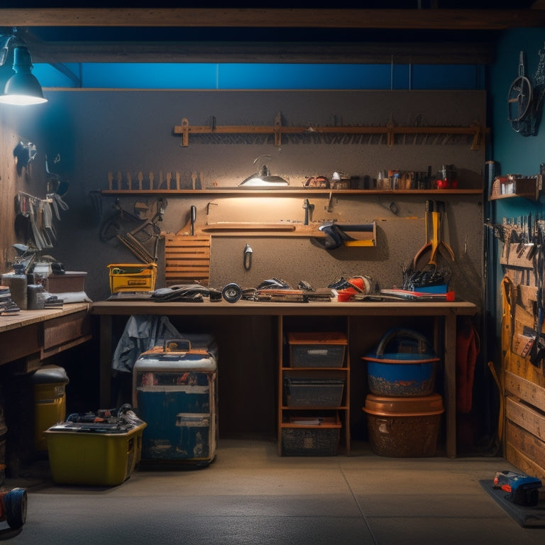 A cluttered, dimly lit garage with scattered tools and machinery, contrasted with a sleek, organized pegboard in the background, showcasing hooks, bins, and a workbench with a few neatly arranged tools.