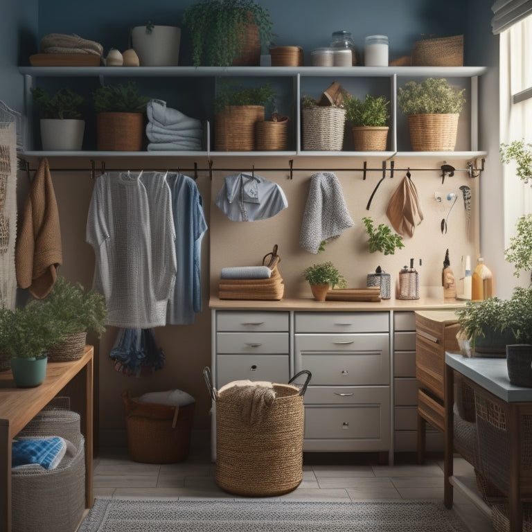 An organized laundry room with a large pegboard wall, holding baskets, bins, and hooks, surrounded by folded laundry, ironing board, and a few plants, with warm lighting and a calm atmosphere.