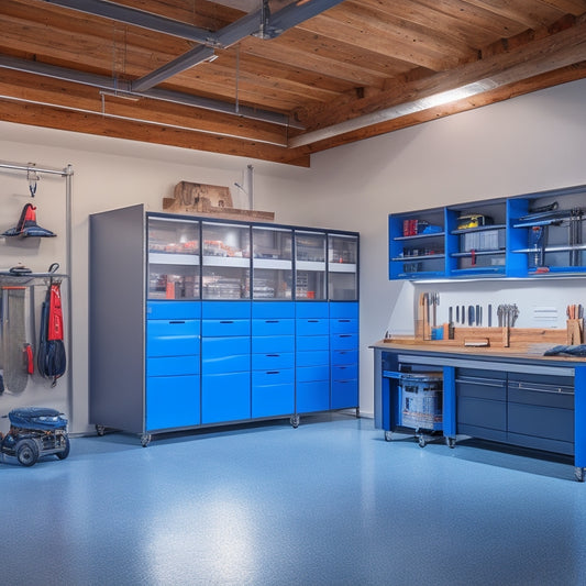 A modern, well-lit garage with sleek steel cabinets, a slatwall with organized tools, and a large workbench with a built-in vice, surrounded by a polished concrete floor and a few sports cars.
