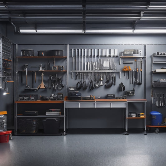 A well-organized garage with sleek metal storage racks, holding an array of tools and equipment, against a clean gray background, with soft natural light illuminating the space.
