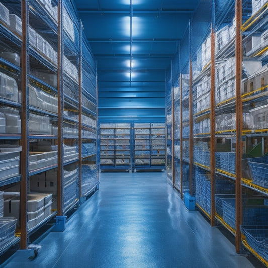 A brightly lit, modern factory floor with rows of sleek, modular shelving units, each containing labeled bins and baskets, surrounded by efficient workflows and minimized clutter.
