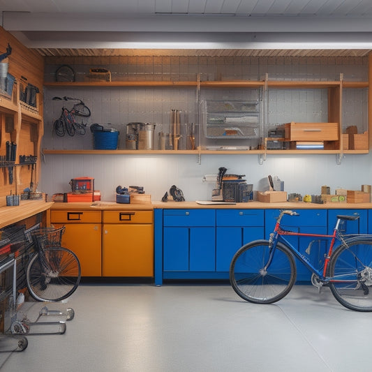 A serene, well-organized garage interior with a neatly arranged workbench, labeled storage bins, a pegboard with hung tools, and a sleek, shiny floor reflecting a few strategically placed bicycles.