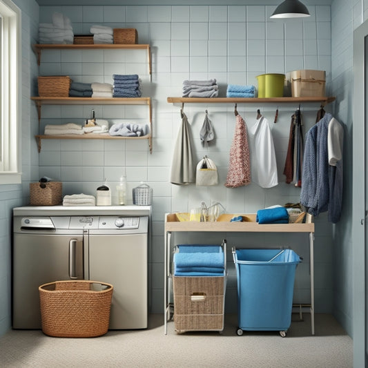 A laundry room with a blank wall, a pegboard, a drill, hooks, bins, and baskets scattered around, with a few clothes and towels in the background, awaiting organization.