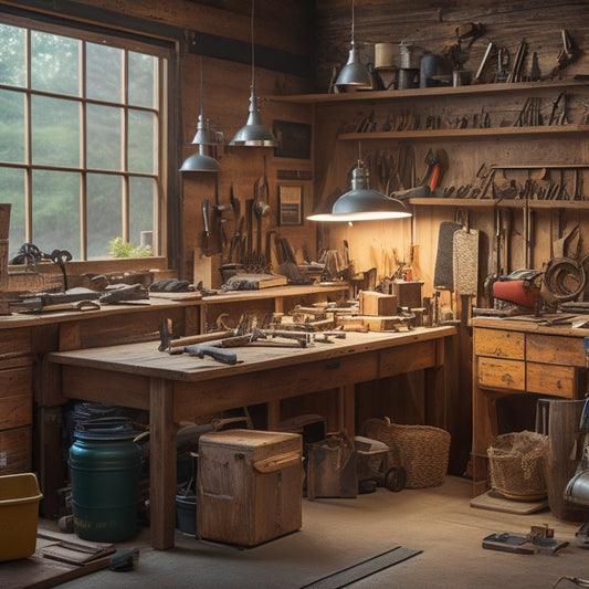 A cluttered woodworking shop with various projects in progress, then a clean and organized workspace in the background with a few prioritized projects on a workbench, surrounded by well-arranged tools.