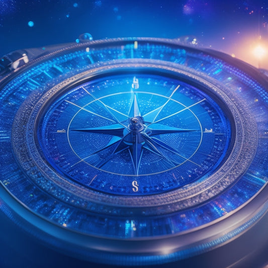 A vibrant, futuristic compass with glowing blue needles and a metallic rim, set against a starry night sky with a subtle grid pattern, surrounded by bursts of colorful, swirling lights.