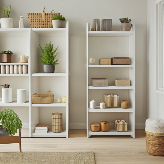 A tidy, minimalist room with a compact, 3-tiered shelving unit against a white wall, holding stacked storage bins in various sizes and shapes, with a few decorative items on top.