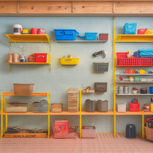 A well-organized garage interior with a large pegboard on a wall, holding various storage bins in different sizes and shapes, with tools and accessories neatly arranged and hung from hooks.