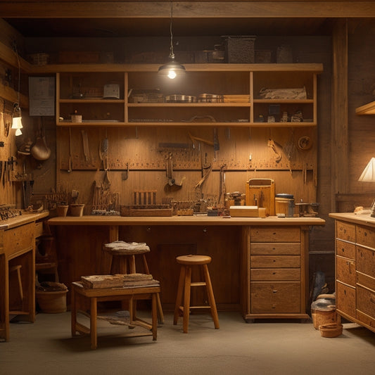 A well-lit workshop with neatly arranged wooden cabinets, labeled drawers, and pegboards adorned with hanging tools, surrounded by a tidy workbench and a few strategically placed wooden projects in progress.