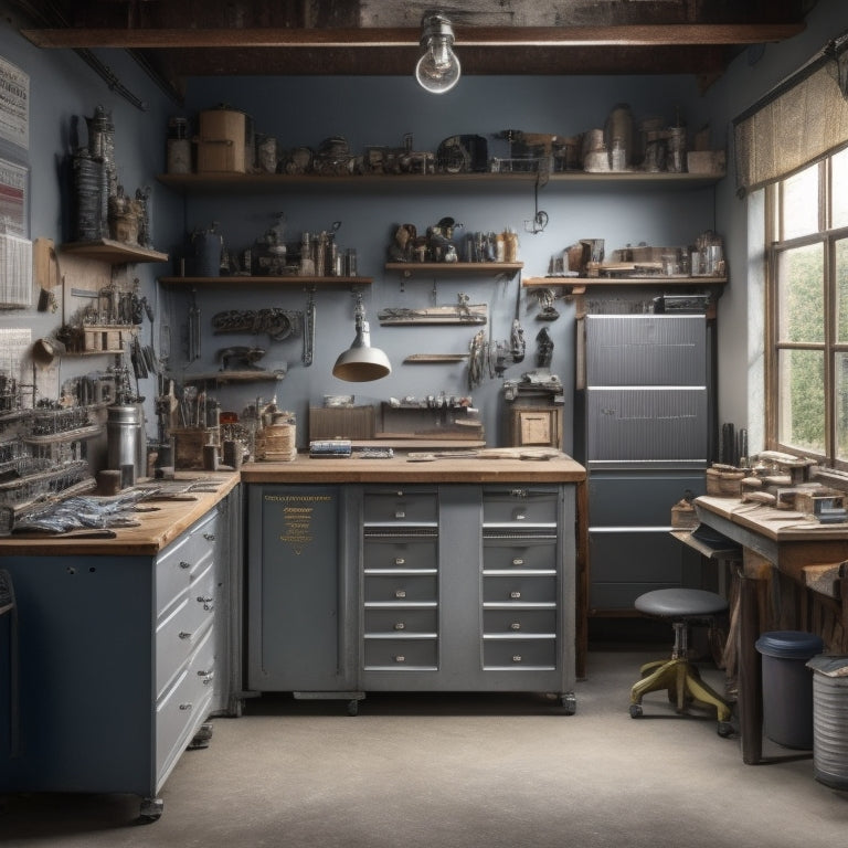 A cluttered workshop with scattered tools and parts, contrasted with a tidy area featuring a sleek, silver parts storage cabinet with labeled drawers and a rolling stool nearby.